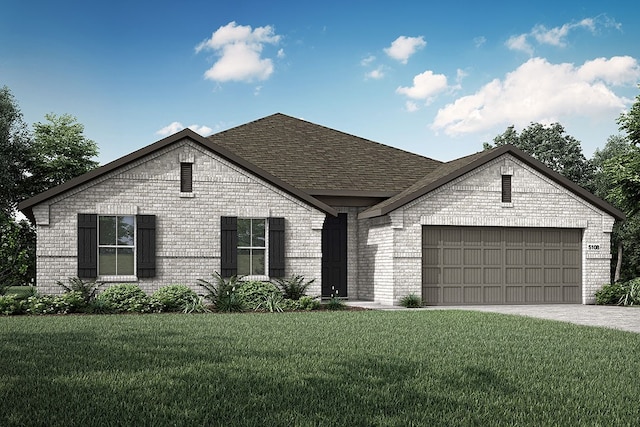 french country inspired facade featuring a front yard, concrete driveway, brick siding, and an attached garage