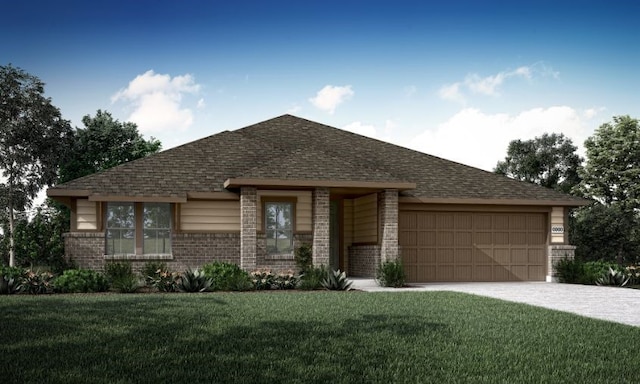 view of front of home with brick siding, roof with shingles, concrete driveway, a front yard, and a garage