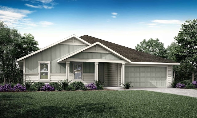 view of front facade with a garage, roof with shingles, board and batten siding, and a front yard