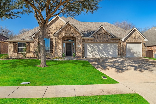 view of front of home with a garage, brick siding, a front lawn, and roof with shingles