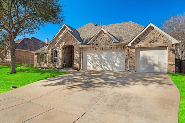 view of front of property with brick siding, roof with shingles, a garage, driveway, and a front lawn