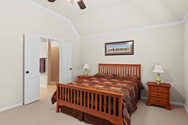 bedroom featuring lofted ceiling, ornamental molding, and carpet