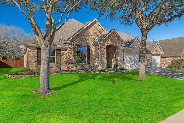 view of front facade featuring a garage, concrete driveway, brick siding, and a front yard