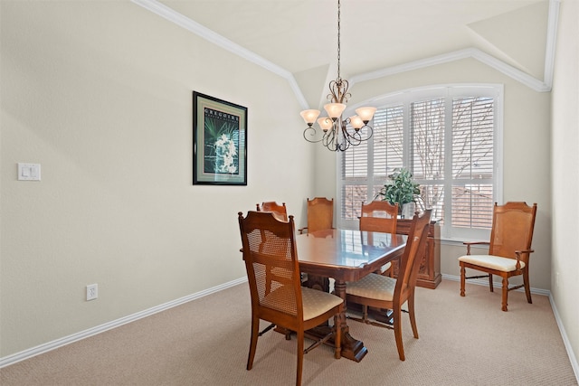 dining space featuring baseboards, light colored carpet, lofted ceiling, an inviting chandelier, and crown molding