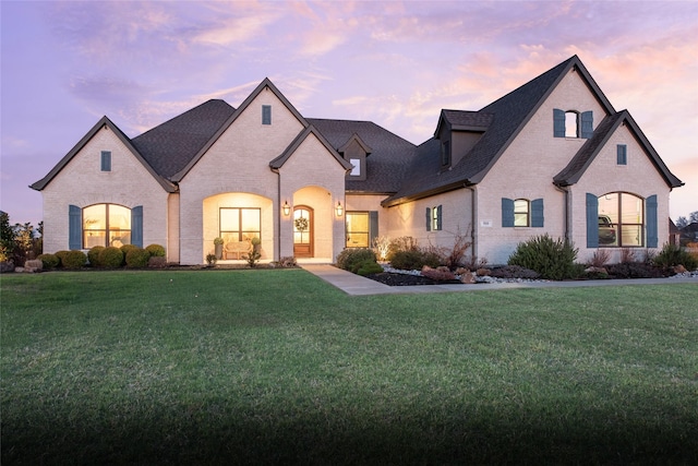 french country style house with a lawn and brick siding