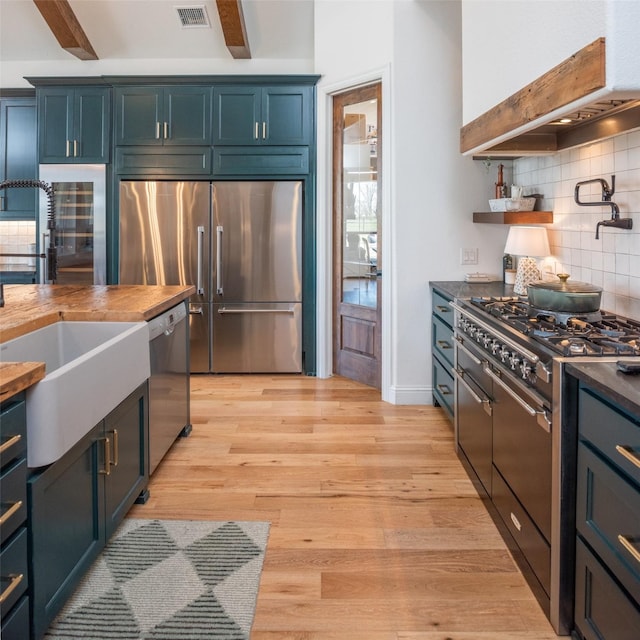 kitchen with premium appliances, wood counters, a sink, visible vents, and light wood finished floors