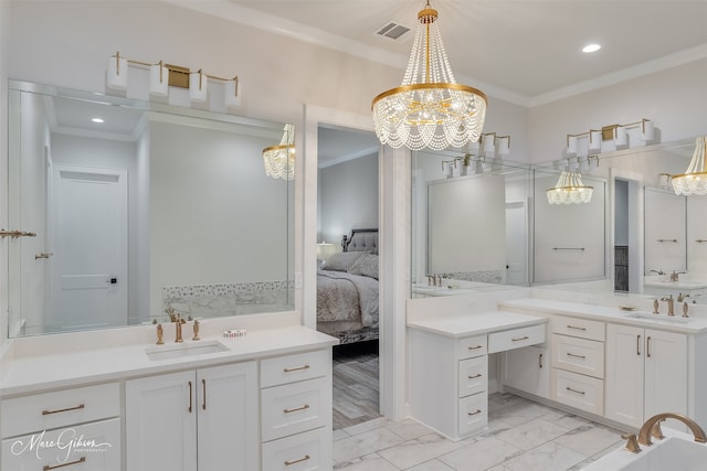 full bathroom with ornamental molding, ensuite bath, a sink, and visible vents