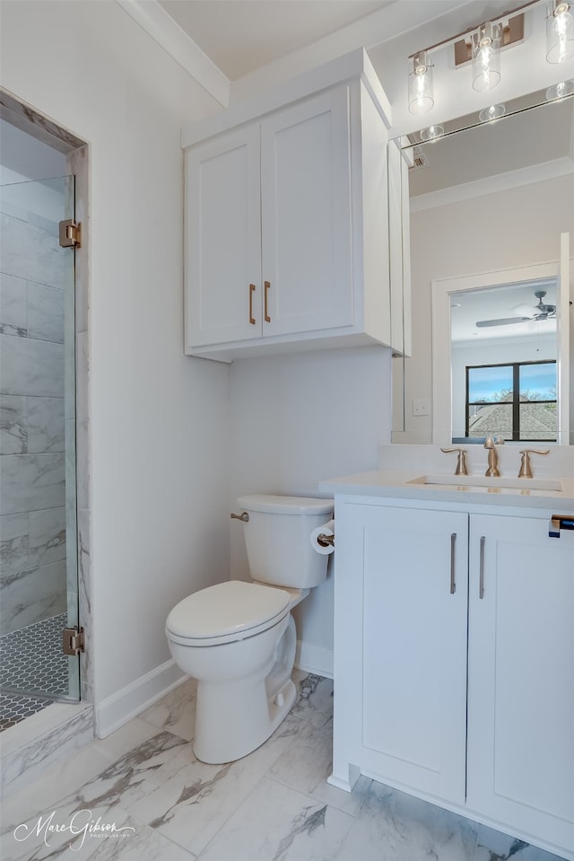 full bathroom with a stall shower, marble finish floor, crown molding, and baseboards