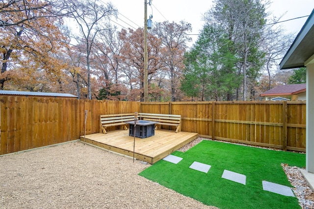 view of yard featuring a fenced backyard and a wooden deck