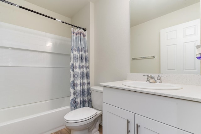 full bathroom featuring toilet, shower / bathtub combination with curtain, and vanity