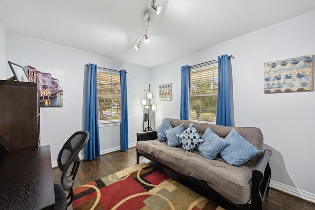 office space featuring dark wood finished floors, a wealth of natural light, and baseboards