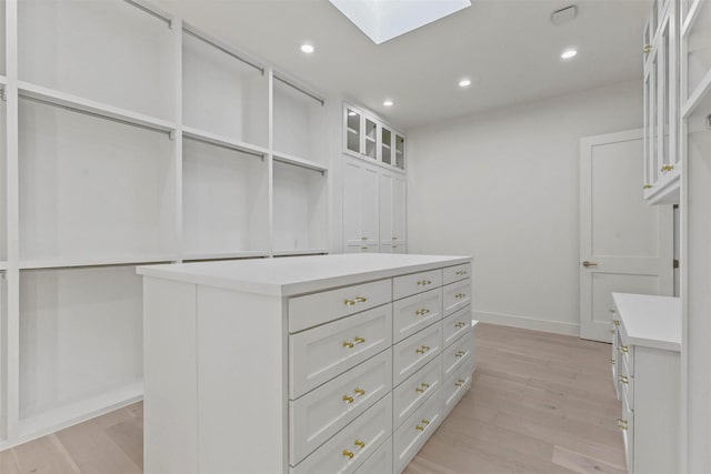 spacious closet with light wood finished floors and a skylight