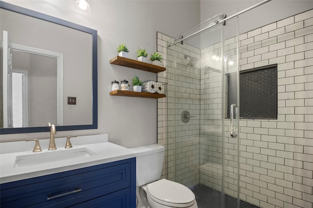 full bathroom featuring toilet, a shower stall, and vanity