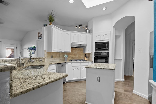 kitchen with under cabinet range hood, a sink, visible vents, light stone countertops, and black appliances