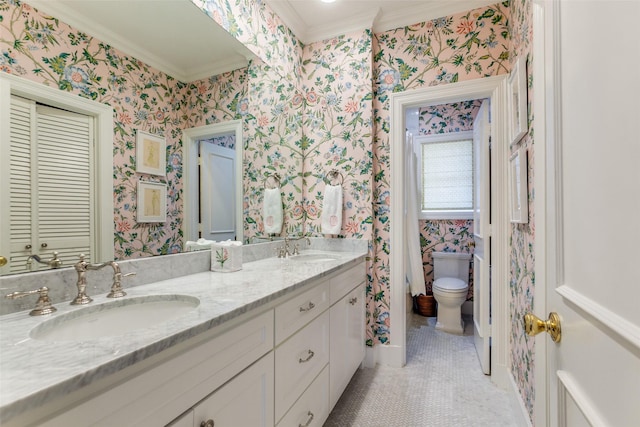 full bathroom featuring double vanity, a sink, and wallpapered walls