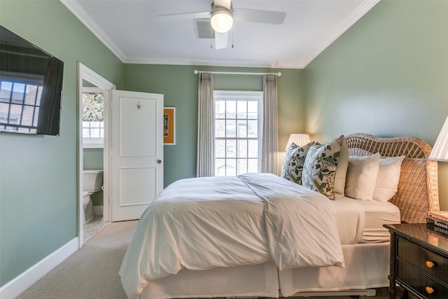 bedroom featuring ceiling fan, visible vents, baseboards, ornamental molding, and carpet