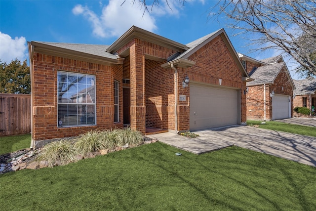 ranch-style home with a garage, brick siding, a front lawn, and fence