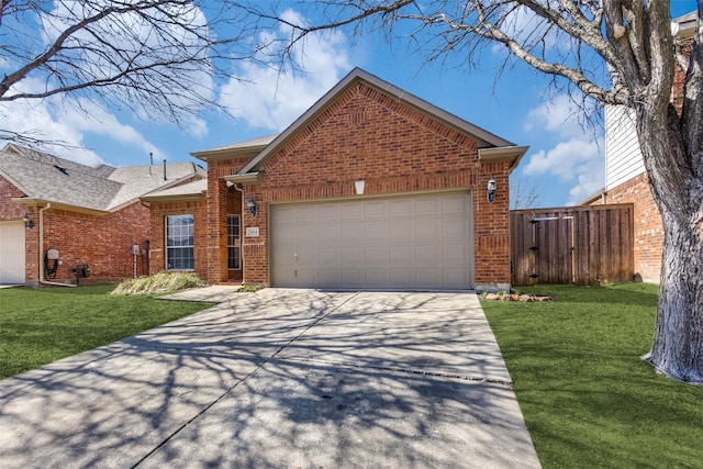 view of front facade featuring a garage, concrete driveway, brick siding, and a front lawn