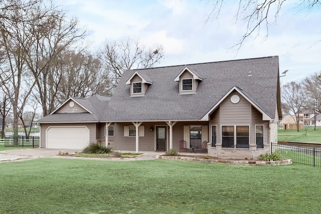 cape cod home featuring a porch, a garage, fence, concrete driveway, and a front lawn