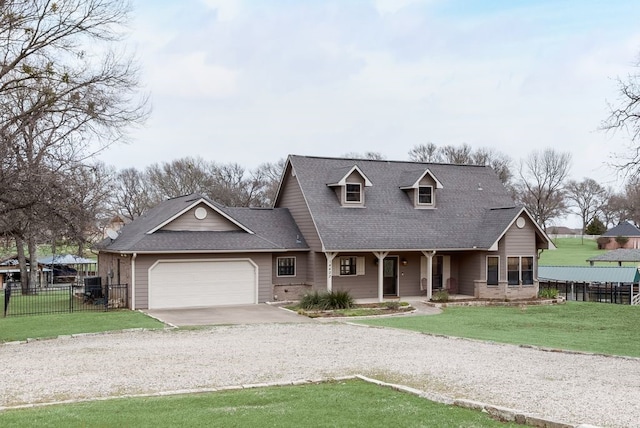 view of front of house with a garage, fence, driveway, roof with shingles, and a front lawn