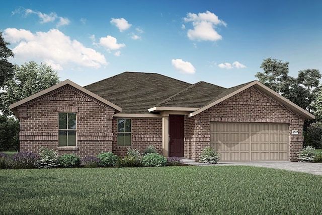 ranch-style home featuring a garage, a front lawn, concrete driveway, and brick siding