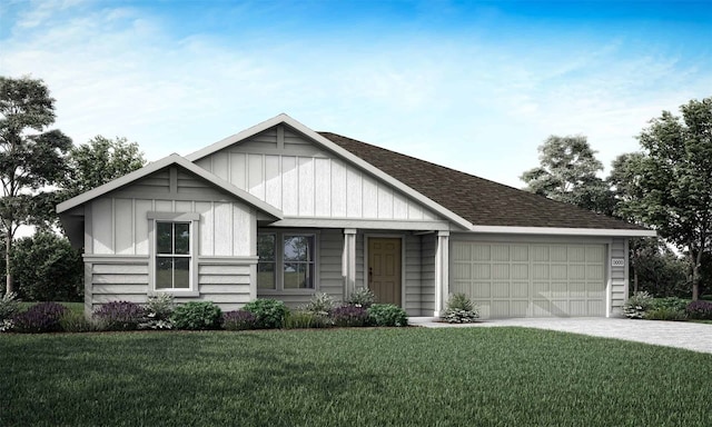 view of front of home featuring a garage, a shingled roof, board and batten siding, and a front lawn