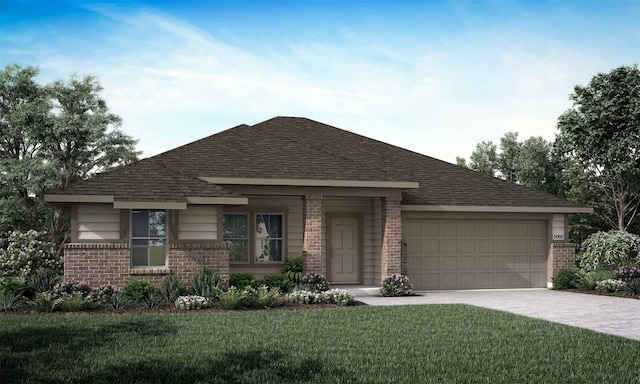 view of front of property with a garage, brick siding, a shingled roof, and a front yard