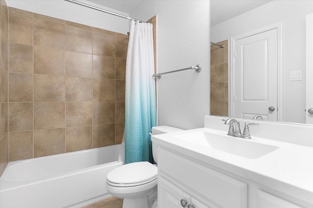 bathroom with vanity, toilet, and shower / tub combo with curtain