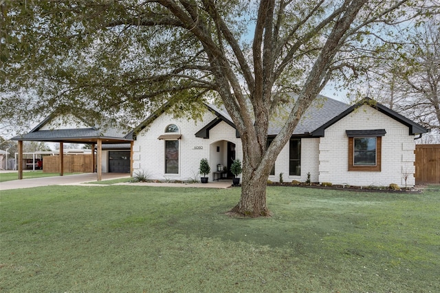 view of front facade with an attached carport, brick siding, fence, driveway, and a front lawn