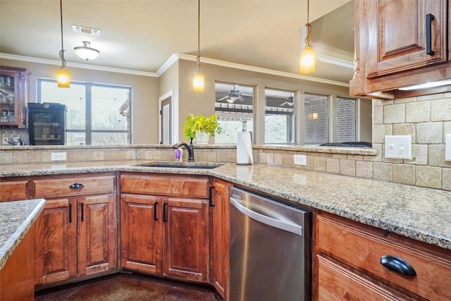 kitchen featuring a sink, visible vents, ornamental molding, dishwasher, and tasteful backsplash