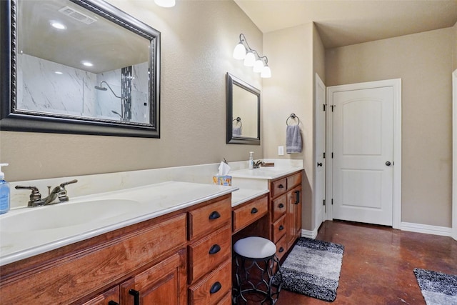 full bath featuring double vanity, a sink, visible vents, and finished concrete floors