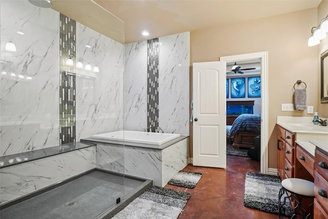 bathroom with finished concrete flooring, a marble finish shower, ensuite bath, a garden tub, and vanity