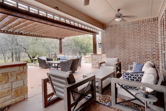 view of patio with an outdoor hangout area, ceiling fan, outdoor dining area, and a pergola