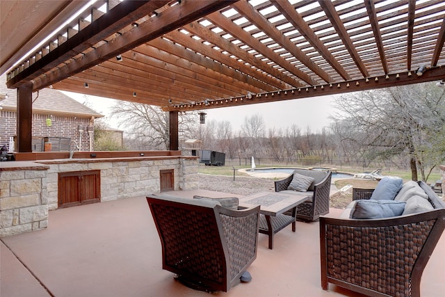 view of patio / terrace with an outdoor hangout area, fence, a pool, outdoor dry bar, and a pergola