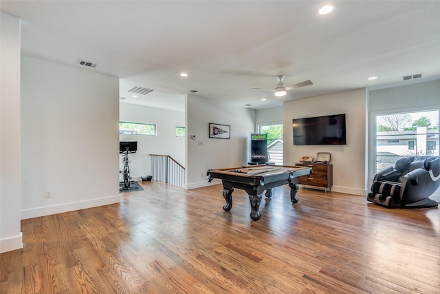 game room with pool table, wood finished floors, and visible vents