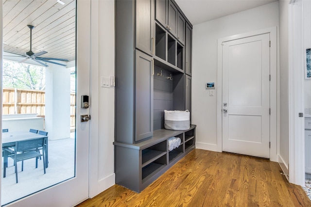 mudroom featuring ceiling fan and wood finished floors