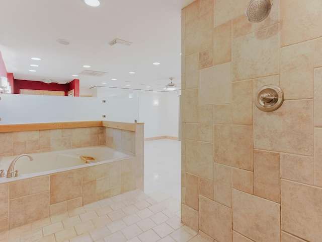 full bathroom with a garden tub, recessed lighting, a ceiling fan, a tile shower, and tile patterned flooring