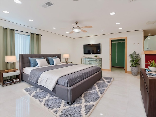 bedroom with baseboards, ceiling fan, visible vents, and recessed lighting