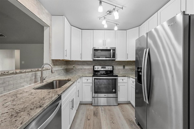 kitchen with stainless steel appliances, a sink, white cabinets, light wood-type flooring, and decorative backsplash