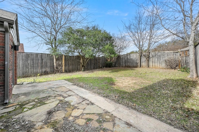 view of yard with a fenced backyard and a patio