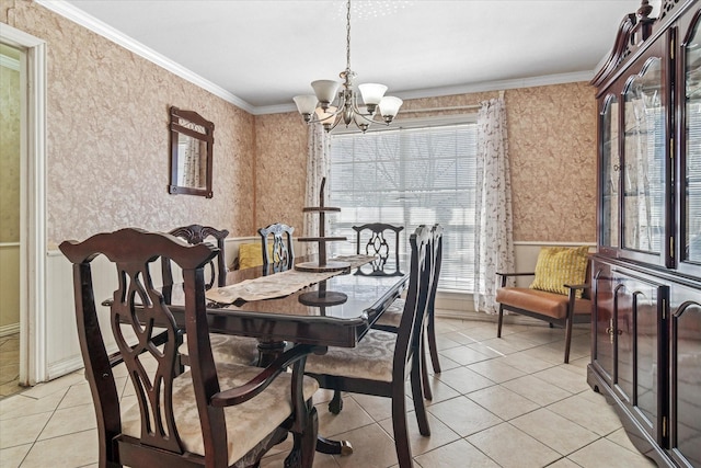 dining space featuring a notable chandelier, crown molding, wallpapered walls, and light tile patterned floors