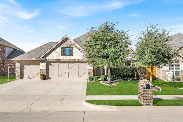 view of front of property with brick siding, a shingled roof, concrete driveway, stone siding, and a front lawn