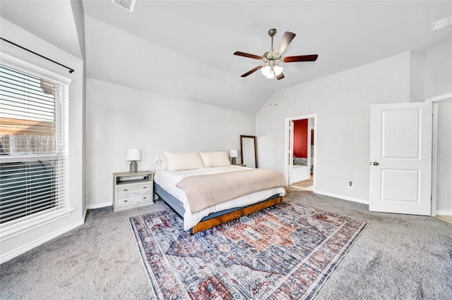 bedroom featuring vaulted ceiling, carpet, visible vents, and baseboards