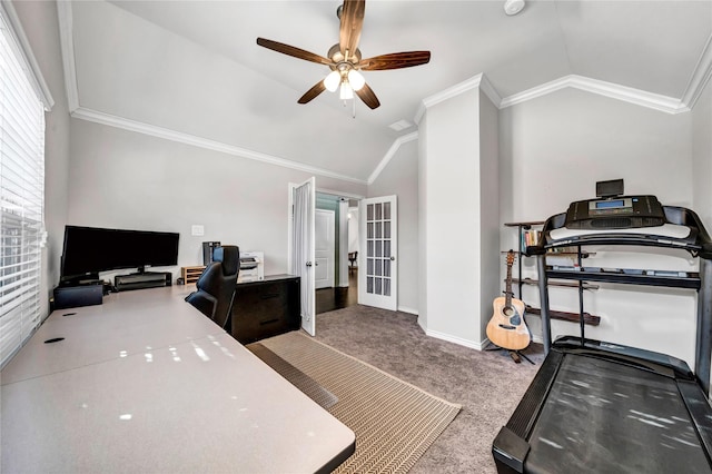 office space featuring ornamental molding, lofted ceiling, and french doors