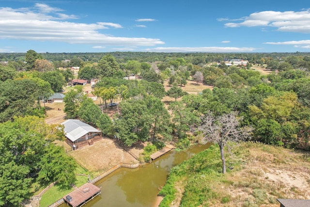 birds eye view of property featuring a water view and a wooded view