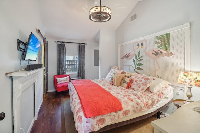 bedroom with electric panel, baseboards, visible vents, lofted ceiling, and dark wood-style floors