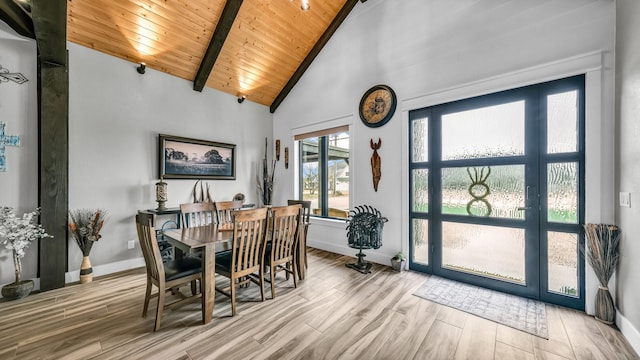 dining room with high vaulted ceiling, wood finished floors, wood ceiling, baseboards, and beamed ceiling