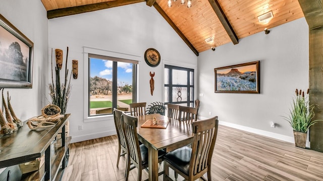 dining space with baseboards, beam ceiling, visible vents, and light wood-style floors