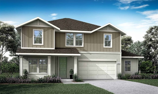 view of front of house featuring board and batten siding, roof with shingles, driveway, and an attached garage