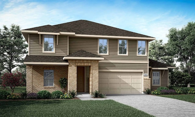 view of front of property featuring brick siding, roof with shingles, an attached garage, driveway, and a front lawn